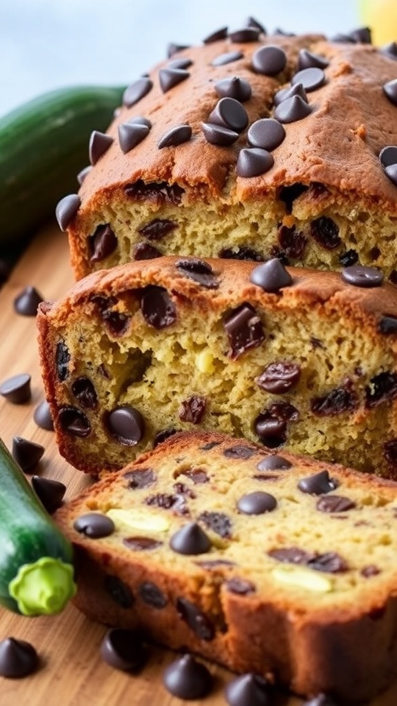 Homemade Chocolate Chip Zucchini Bread Recipe Sliced chocolate chip zucchini bread on a cutting board, showcasing its moist texture and chocolate chips.